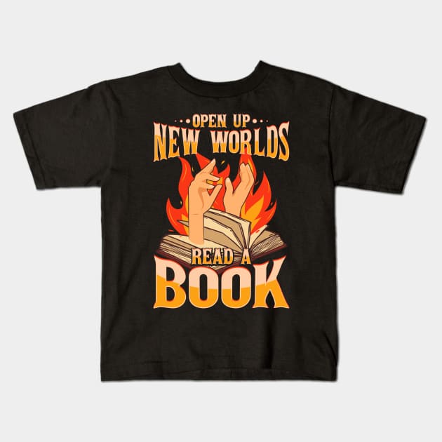 Open up new worlds read a book Kids T-Shirt by aneisha